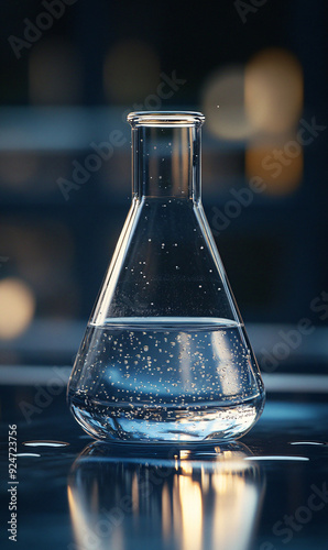 Scientific beaker with glowing amber liquid, standing against a dark background, reflecting light in a visually striking manner, ideal for chemistry, laboratory, or alchemical themes photo