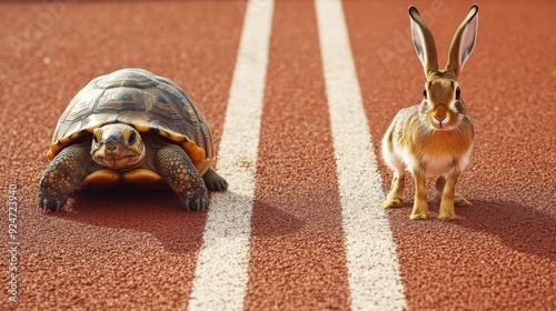 A tortoise and a hare are positioned on a red running track, symbolizing the classic fable race, with the tortoise looking determined and the hare appearing alert and ready to sprint. photo