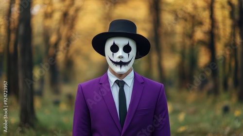 A mysterious figure in a purple suit and skull mask stands in a forest, creating an eerie atmosphere perfect for Halloween.