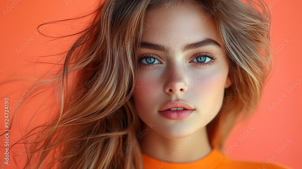 Close-Up of Model with Light Eyes and Wind-Blown Hair Against Solid Backdrop Close-Up of Model with Light Eyes and Wind-Blown Hair Against Solid Backdrop