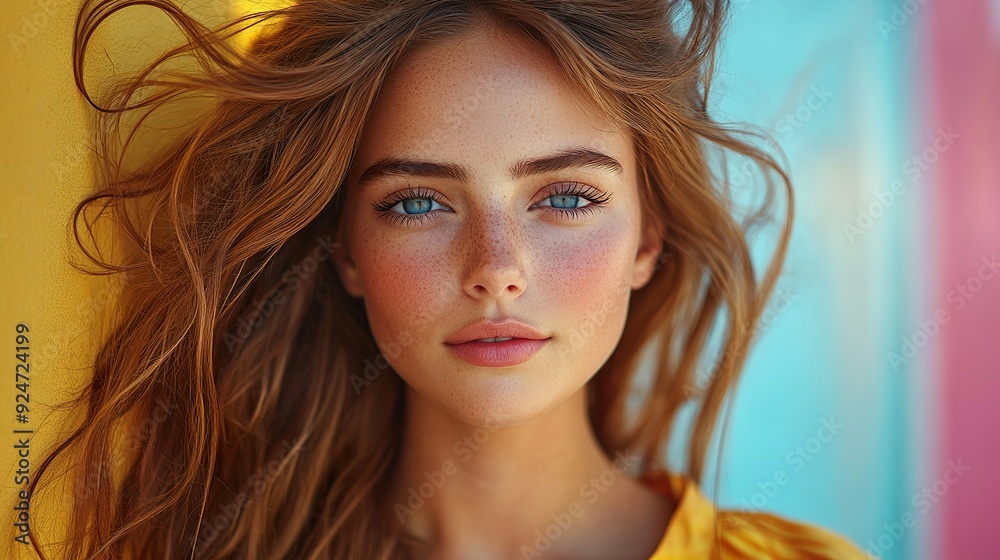 Front Portrait of Model with Wind-Swept Hair and Clear Eyes on Smooth Background Front Portrait of Model with Wind-Swept Hair and Clear Eyes on Smooth Background