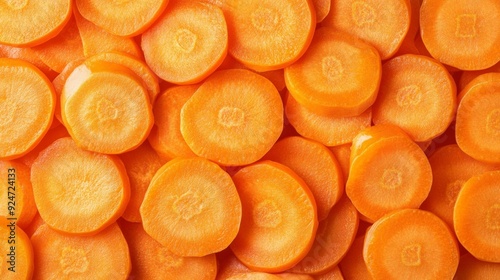 A close-up view of several vibrant, freshly sliced orange carrots arranged neatly in a mesmerizing pattern. The slices reveal the intricate details and freshness of the carrots.