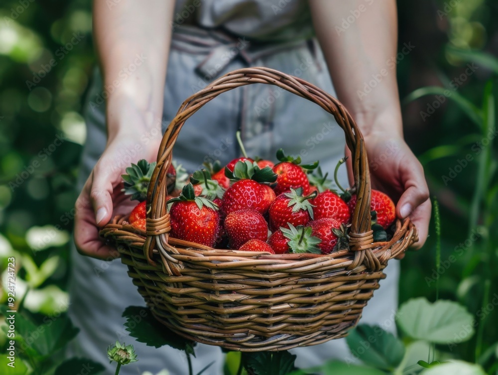 Hand harvesting ripe strawberries from a wicker basket in a sunny strawberry field