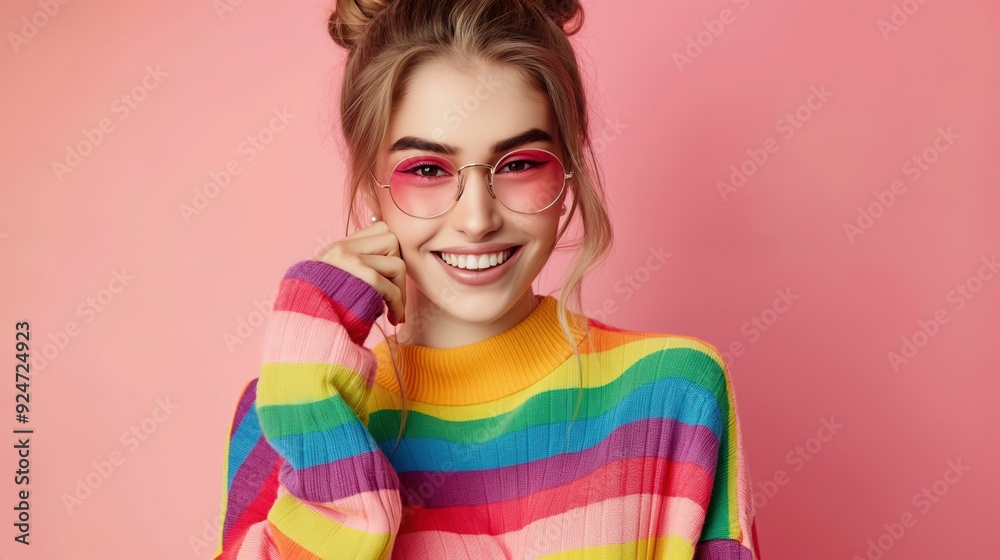 Smiling young woman in rainbow sweater with pink sunglasses portrait image. Two buns hairstyle female picture photorealistic photography. Positivity and energy concept photo realistic Smiling young woman in rainbow sweater with pink sunglasses portrait image. Two buns hairstyle female picture photorealistic photography. Positivity and energy concept photo realistic
