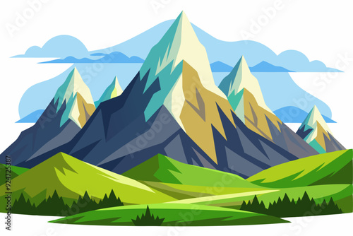 Mountain Range with Snow-Capped Peaks and Green Valley