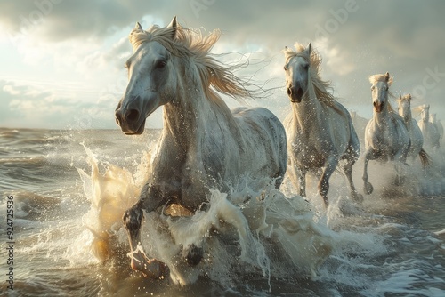 Horses galloping on the ocean shore.