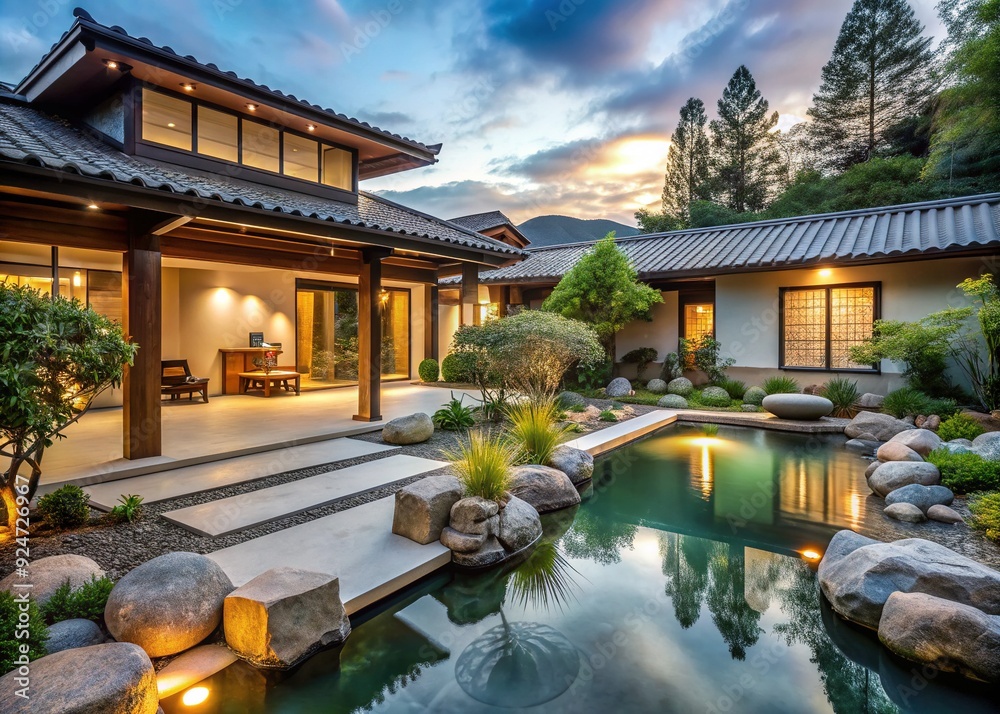 Obraz premium Zen-Inspired Retreat: Tranquil spaces, natural elements, water features, muted colors