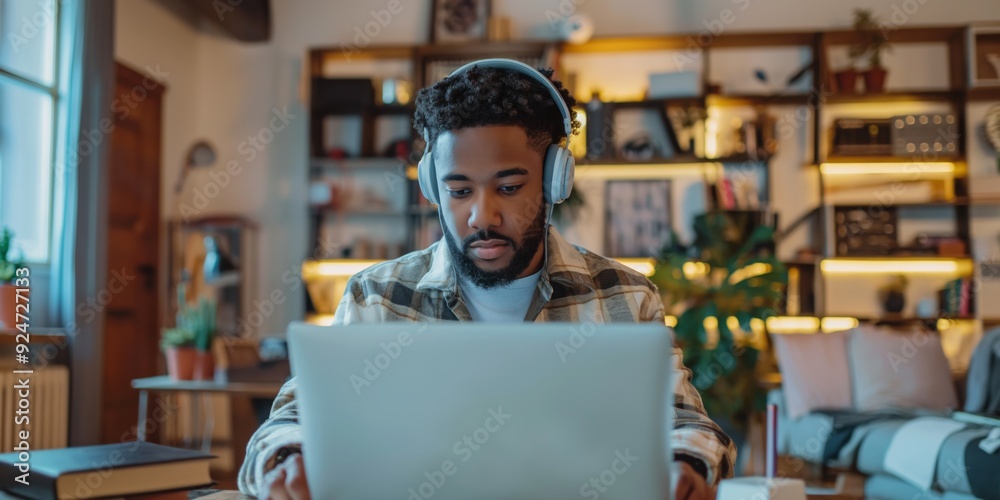 A man is sitting in a living room with a laptop open in front of him. He is wearing headphones and he is focused on his work. The room is furnished with a couch, a chair, and a potted plant