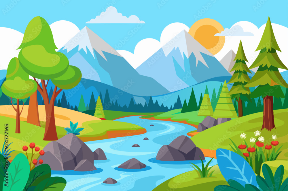 Obraz premium Tranquil Mountain River Scene with Lush Green Trees