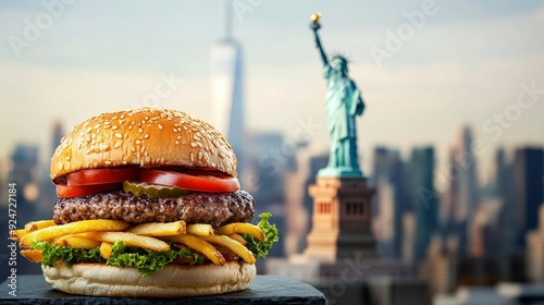 A delicious hamburger with fresh ingredients and crispy fries placed in front of the iconic Statue of Liberty in New York City. This vibrant photo captures the essence of American cuisine. AI