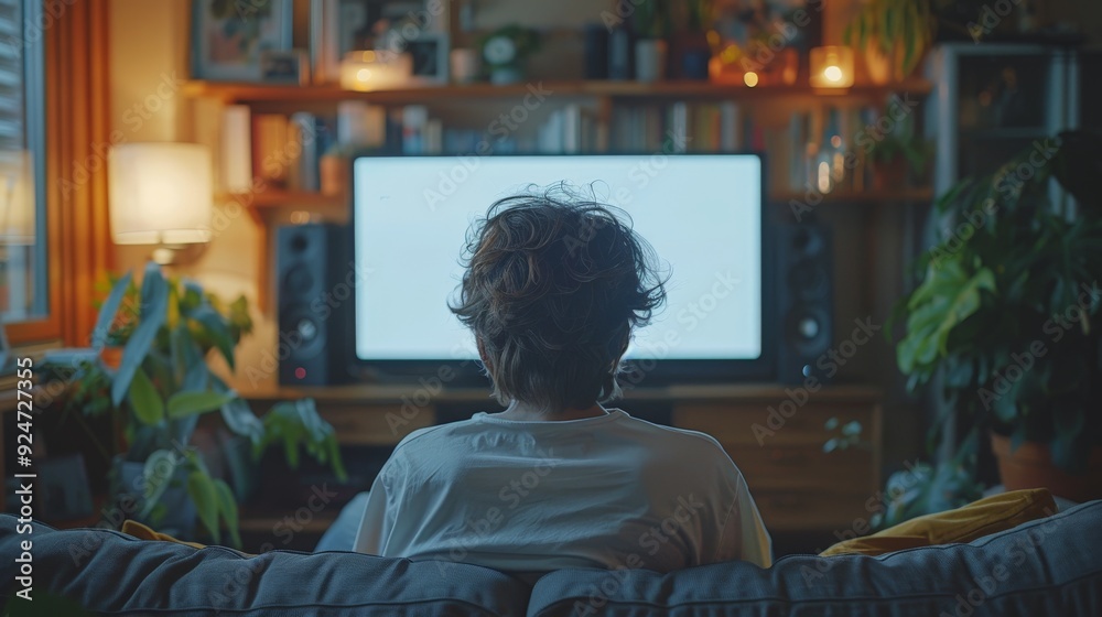 Over shoulder shot of a young man using computer laptop in front of an blank white computer screen in home. Over shoulder shot of a young man using computer laptop in front of an blank white computer screen in home.