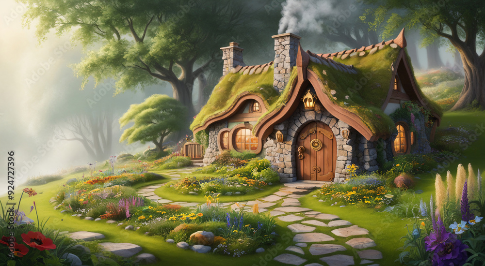 Fototapeta premium Beautiful illustrations and details of unique dwarf houses, AI generated