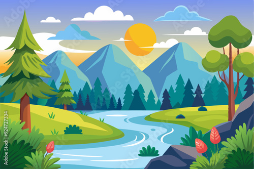 A picturesque mountain landscape with a river winding through a lush green valley