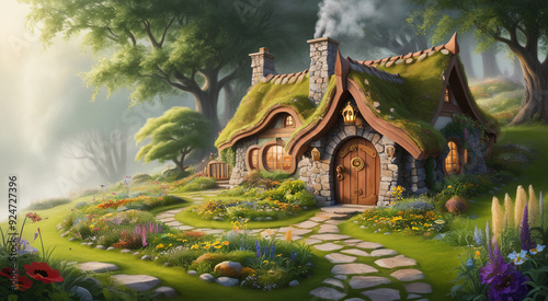 Beautiful illustrations and details of unique dwarf houses, AI generated