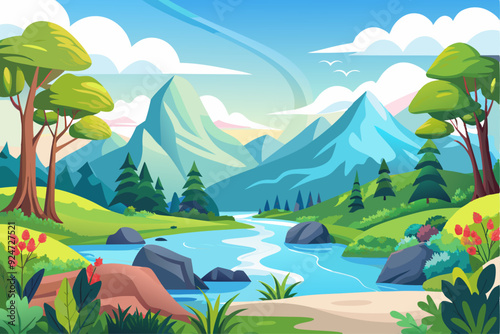 A Serene Landscape with Winding River and Majestic Mountains