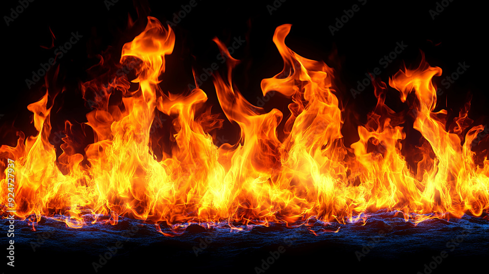 Dynamic flame fire dancing on a black background in a chaotic yet captivating display Dynamic flame fire dancing on a black background in a chaotic yet captivating display