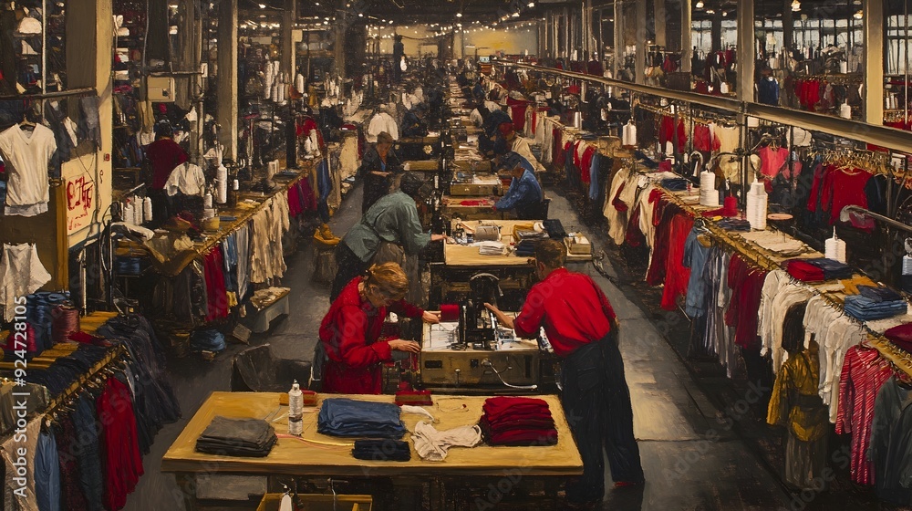 Obraz premium Wide View of Garment Factory s Automated Assembly Line with Workers Sewing and Finishing Apparel