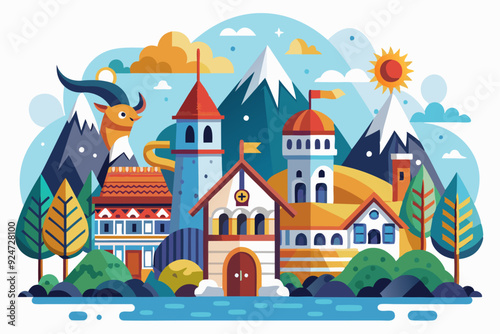 Idyllic Village Landscape with a Mountainous Backdrop