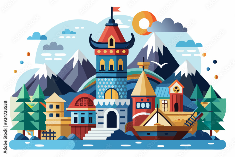 A Cartoon Cityscape with a Tall Tower and Mountains in the Background A Cartoon Cityscape with a Tall Tower and Mountains in the Background