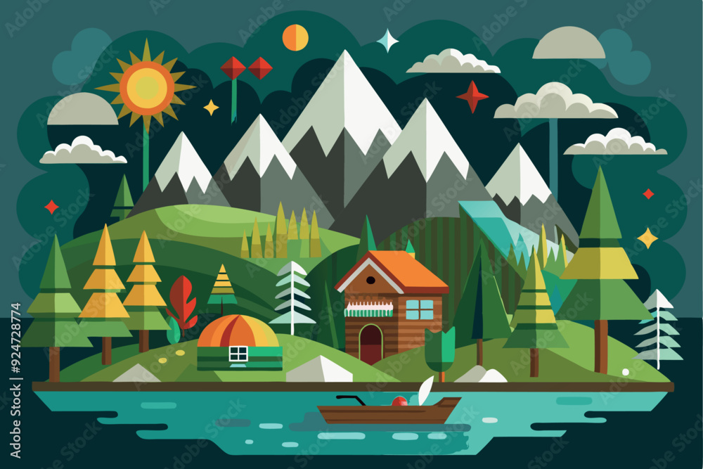 A Cabin in the Woods by a Lake with Mountains in the Background A Cabin in the Woods by a Lake with Mountains in the Background