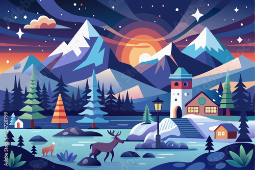 A Snowy Winter Night in a Mountain Village
