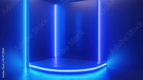 Neon Blue Showcase, an empty room corner featuring high voltage neon tubing, chrome accents, and a sleek podium displaying a cosmetic product under electric blue lighting.