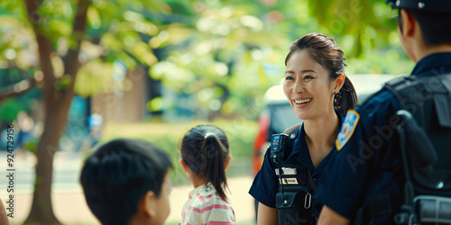 A female police officer smiles warmly as she interacts with two children in a park, showcasing a positive and friendly image of law enforcement.. asian woman photo