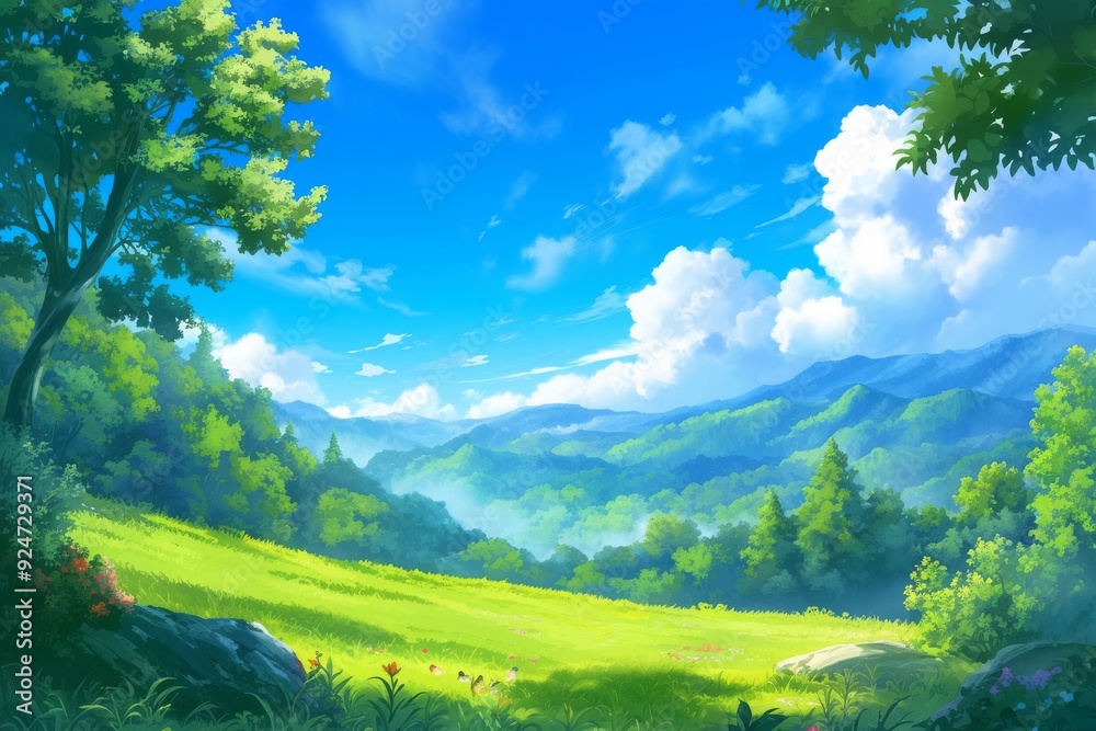 Obraz premium Scenic landscape painting of lush green valley with rolling hills, clear blue sky, and fluffy white clouds. Perfect for nature, environment, or travel themes.