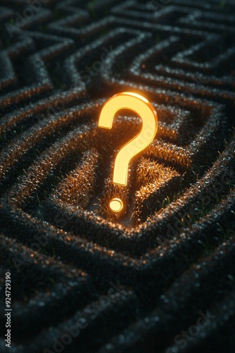 A glowing question mark icon floating above a maze, symbolizing uncertainty or confusion. 