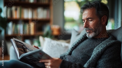 Man Relaxing and Reading a Book in a Cozy Living Room