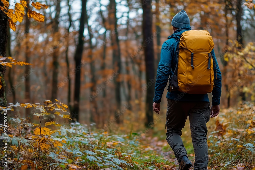 A hiker walks along a leaf-covered trail surrounded by orange trees in autumn, copy space for text, hiking trip, hiking sport A hiker walks along a leaf-covered trail surrounded by orange trees in autumn, copy space for text, hiking trip, hiking sport