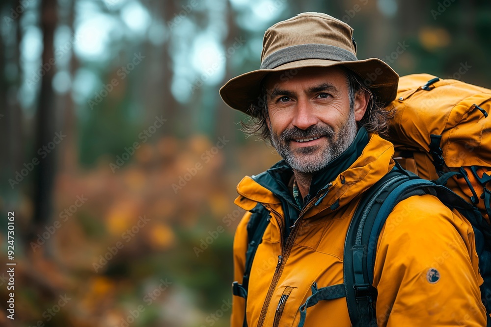 Smiling hiker in a forest wearing an orange jacket and hat, carrying a backpack during autumn, copy space for text, hiking trip, hiking sport Smiling hiker in a forest wearing an orange jacket and hat, carrying a backpack during autumn, copy space for text, hiking trip, hiking sport