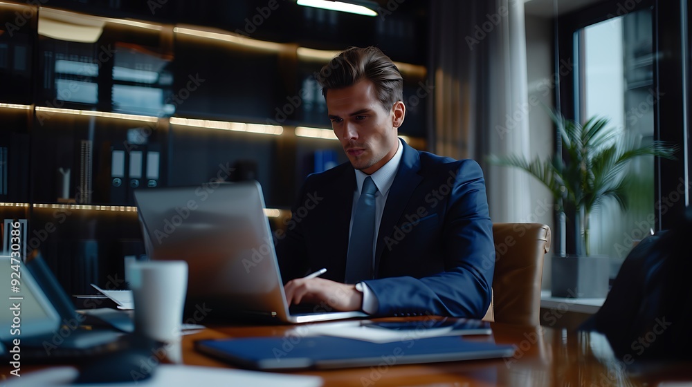 A businessman with a clean-shaven face, dressed in a navy suit and light blue tie, sitting at a desk with a laptop. A businessman with a clean-shaven face, dressed in a navy suit and light blue tie, sitting at a desk with a laptop.