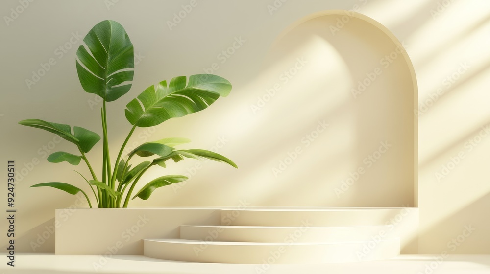 A serene, minimalist interior featuring a potted plant and curved architectural elements, evoking tranquility and modern design. A serene, minimalist interior featuring a potted plant and curved architectural elements, evoking tranquility and modern design.
