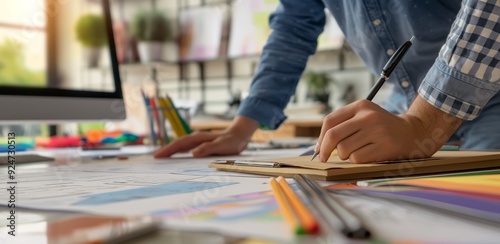 A person is sketching designs on a table filled with papers and colored pencils, showcasing a creative workspace and project planning. photo