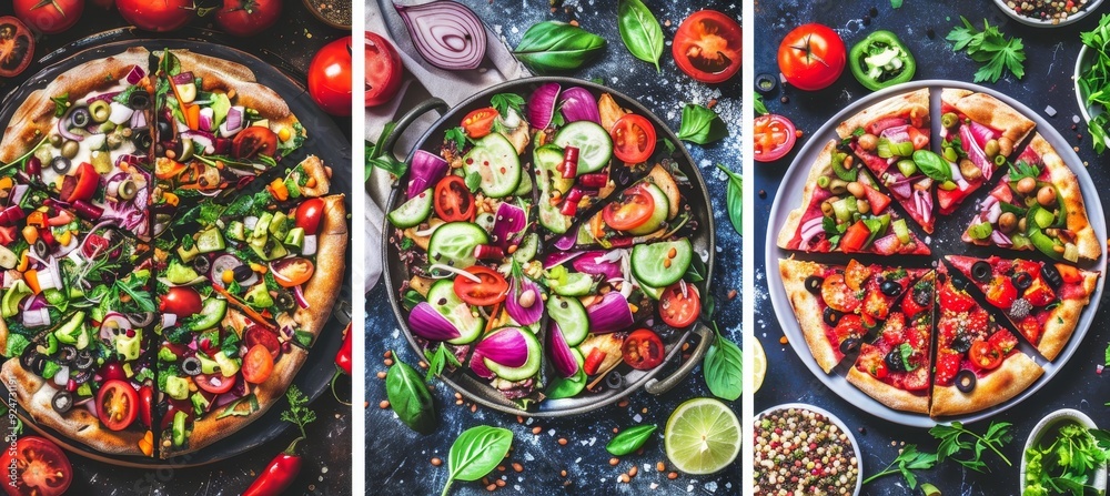 Three Vegan Pizzas with Cucumbers, Avocado, Red Onion and Herbs. Trend Food, Top View Three Vegan Pizzas with Cucumbers, Avocado, Red Onion and Herbs. Trend Food, Top View