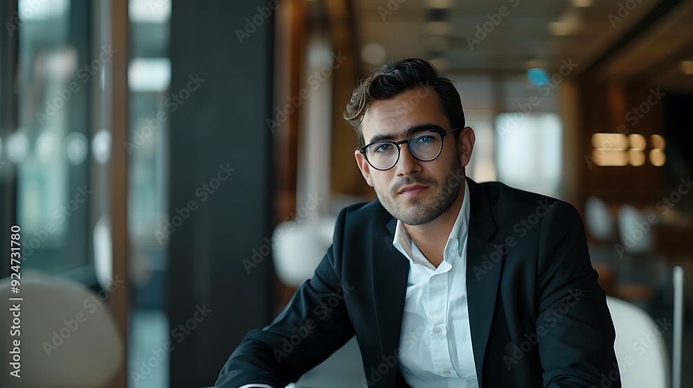 A confident businessman with glasses, wearing a black suit and white shirt, sitting at a conference table. A confident businessman with glasses, wearing a black suit and white shirt, sitting at a conference table.