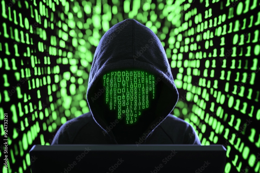 A hooded hacker in front of a dark computer screen, surrounded by glowing green code. A hooded hacker in front of a dark computer screen, surrounded by glowing green code.