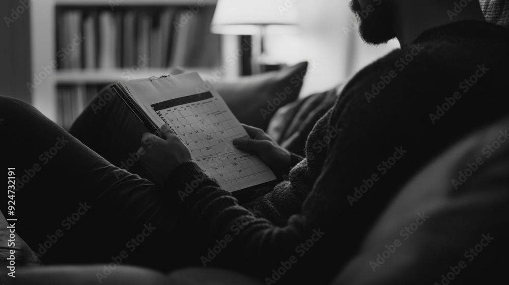 Man Relaxing on Couch with Calendar - Black and White Photography Man Relaxing on Couch with Calendar - Black and White Photography