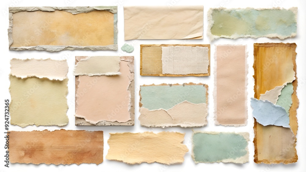 Fototapeta premium A distressed torn paper elements collection featuring ripped edges, peeling stickers, worn textures, and faded backgrounds in warm pastel hues.