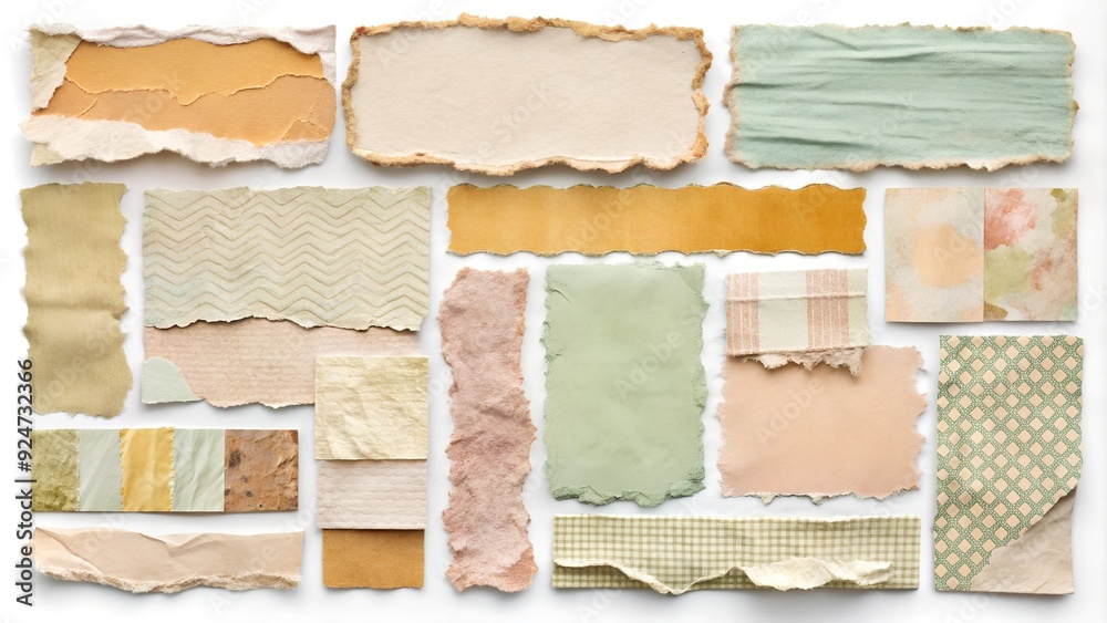 Fototapeta premium A distressed torn paper elements collection featuring ripped edges, peeling stickers, worn textures, and faded backgrounds in warm pastel hues.