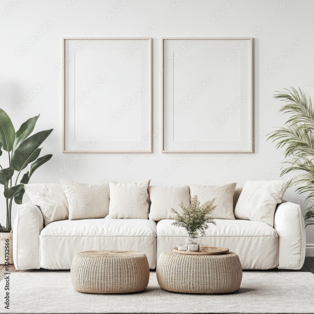 Fototapeta premium Cozy Living Room Interior with Comfortable Sofa and Poster Frame Model, an Inviting Space for Relaxation and Style