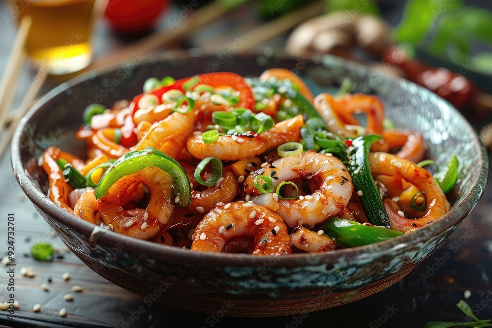 A vibrant dish of shrimp stir-fry with vegetables and garnishes. A vibrant dish of shrimp stir-fry with vegetables and garnishes.