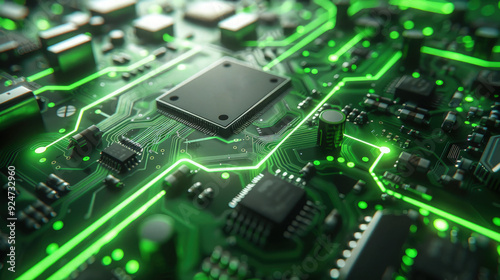 Circuit board microchips with green backlight. Nanotechnology sustainable background.