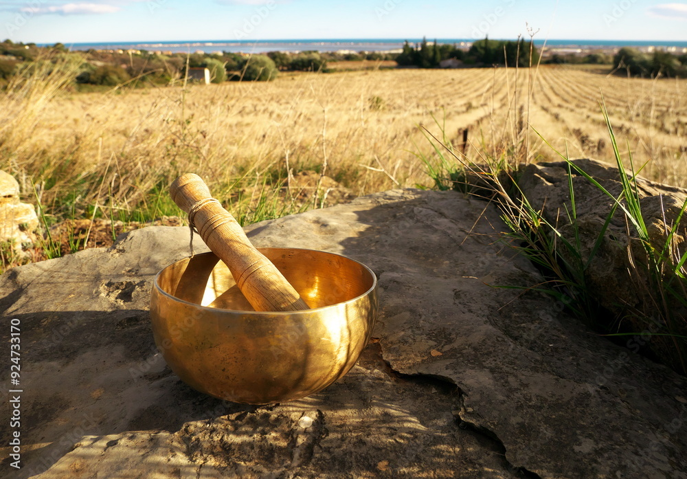 Singing bowl on a rock with a vineyard field and the sea on the horizon in the background Singing bowl on a rock with a vineyard field and the sea on the horizon in the background