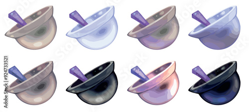 Deep bowl with spoon clip art drawing 2D game graphics kitchen utensils plate for cooking food illustration pearl light beige color blue metallic gold silver dark black shiny dishes crockery ceramic