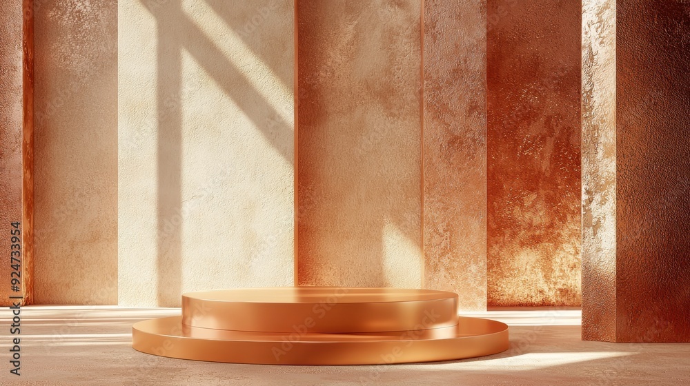 Copper Elegance, a striking 3D scene showcasing a cosmetic product on a textured metal and stone podium, featuring warm geometrics with bright copper accents and sharp angles. Copper Elegance, a striking 3D scene showcasing a cosmetic product on a textured metal and stone podium, featuring warm geometrics with bright copper accents and sharp angles.
