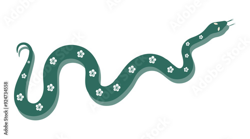 Green snake with traditional Chinese flowers silhouette white horizontal background. Symbol of 2025 Chinese zodiac. Minimalist vector snake icon. World snake day	