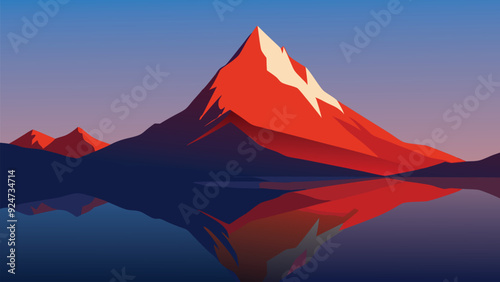 A majestic mountain with red rock formations reflecting beautifully in a serene lake below flat vector illustration photo