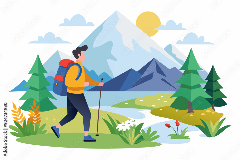 Fototapeta premium Hiker with Backpack Advancing Towards Mountains and a River